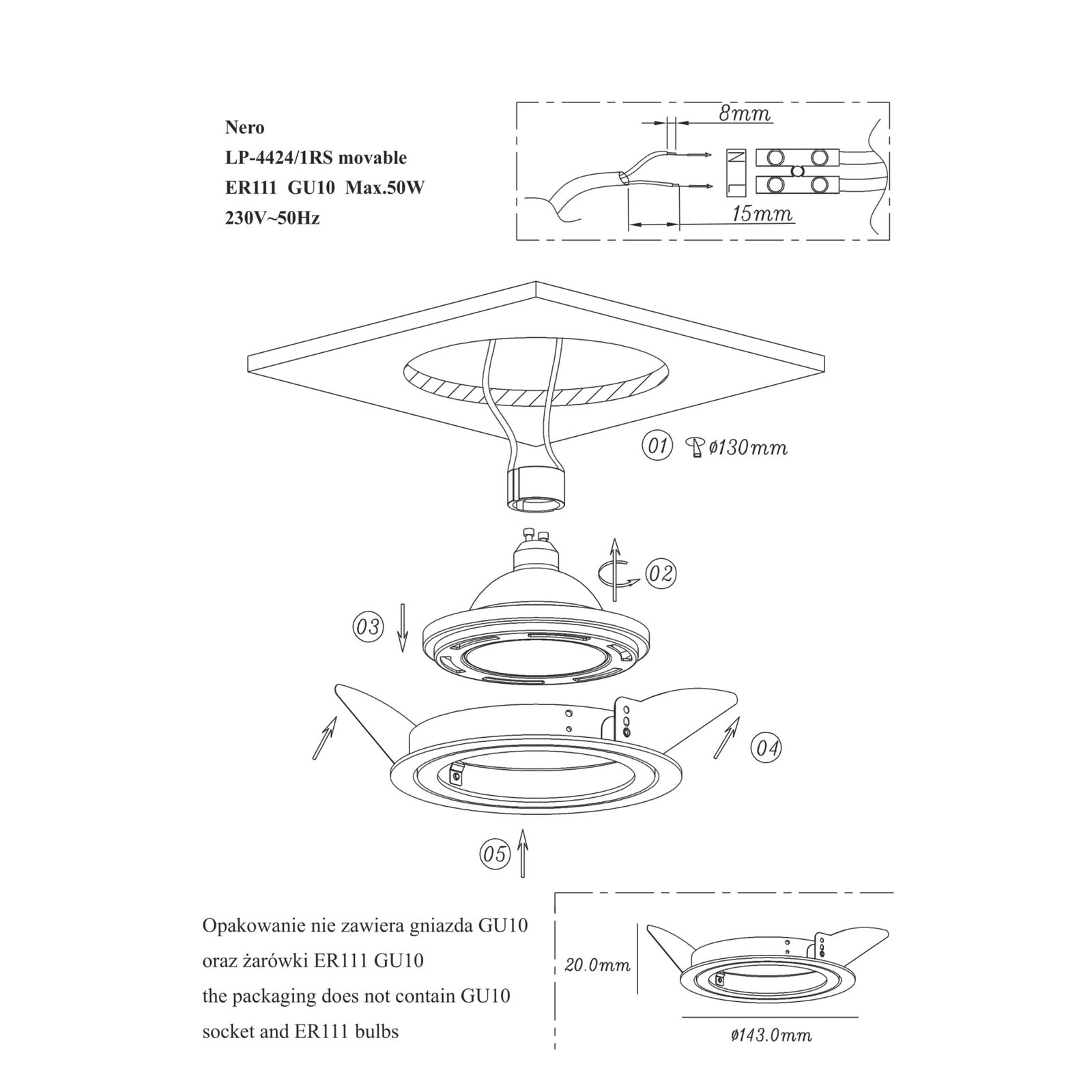 Ruchome oczko podtynkowe Nero białe 1xGU10 Light Prestige - obrazek 4